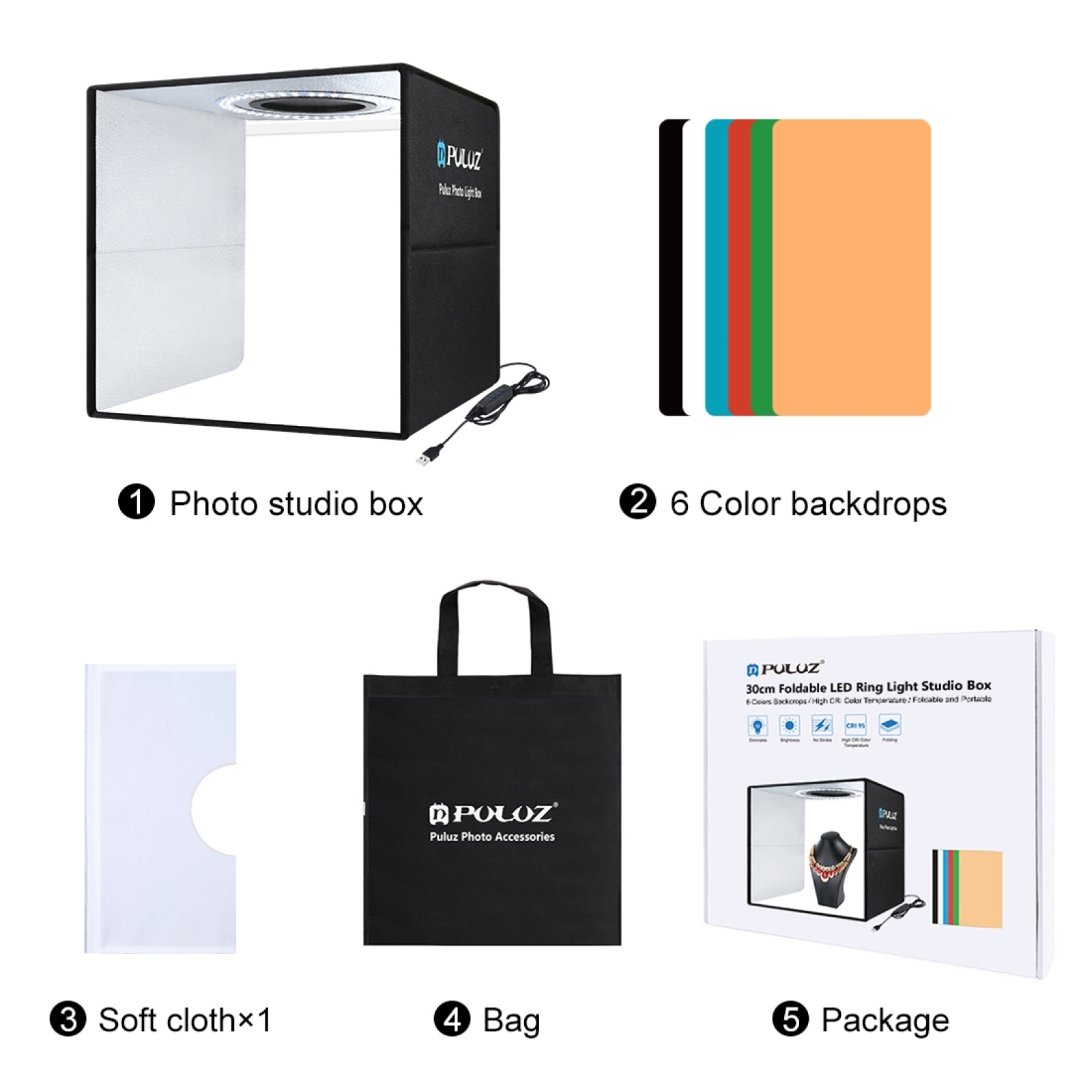 Puluz Fotostudio Ring Led 30Cm Licht Box Schieten Tent Desktop Box Kit Met 6 Kleuren Achtergronden Fotografie Lightbox kits 5V: Black