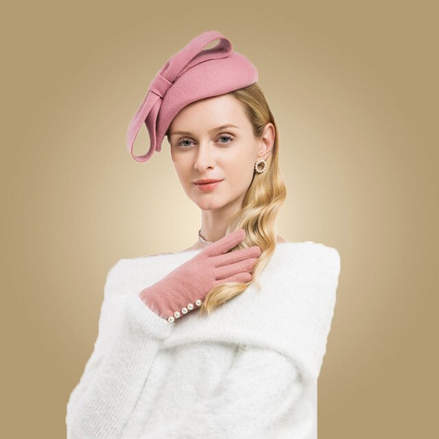 FS Lã Fascinator Pillbox Chapéu de Casamento Das Mulheres Elegantes Chapéus de Inverno Preto Azul Vermelho Senhora Bowknot Kentucky Derby Sentiu Fedoras Caput: Pink Derby Hat