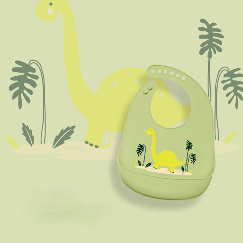 Baby Lätzchen Weichen Silikon Kleinkind Fütterung Lätzchen Wasserdichte Kleinkind Zeug Solide Karikatur Dinosaurier Druck Mädchen Junge Einstellbare Spucktücher: Grün Dinosaurier