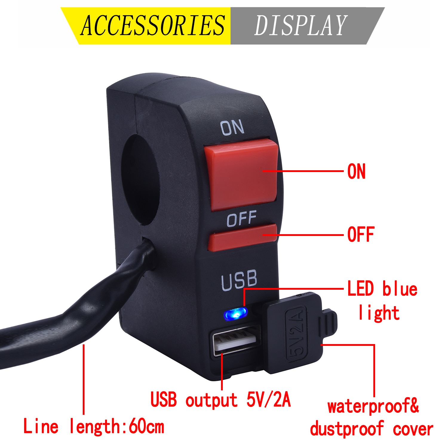 7/8" 22mm Motorcycle Switches Motorbike Headlight ON/OFF Button Connector Start Handlebar Controller Switch with 2.1A USB Charge