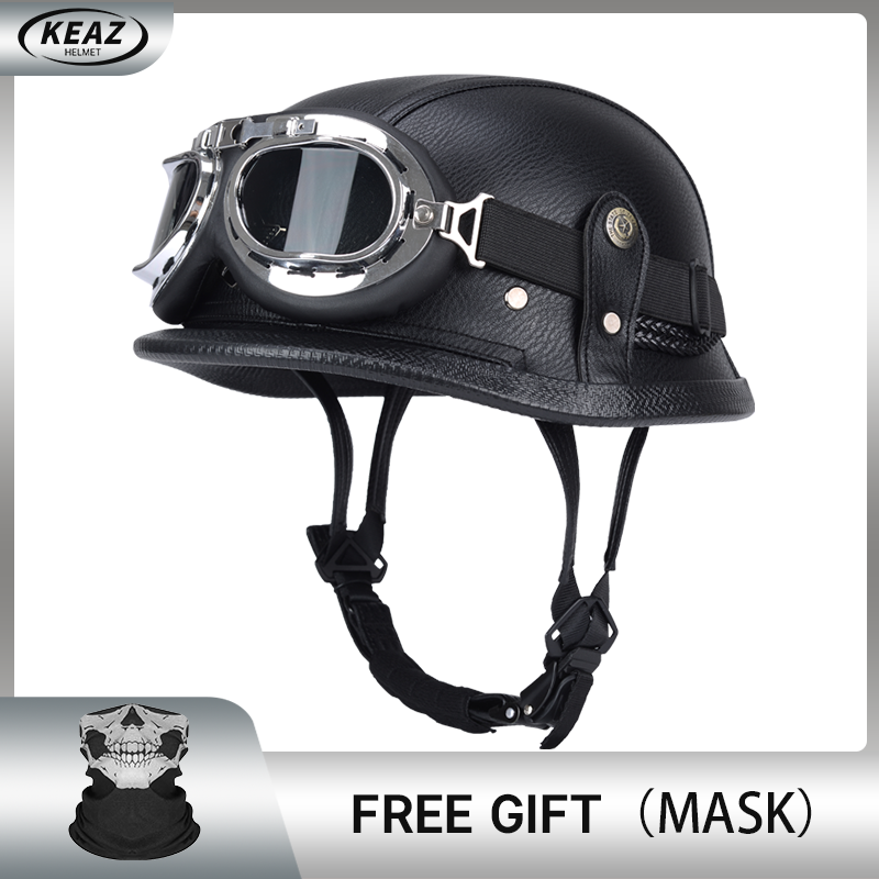 Casque demi-visage en cuir de Style allemand pour moto, prix d'usine, Cap1/2 approuvé par le DOT, casques + lunettes à visage ouvert: WHITE / XL