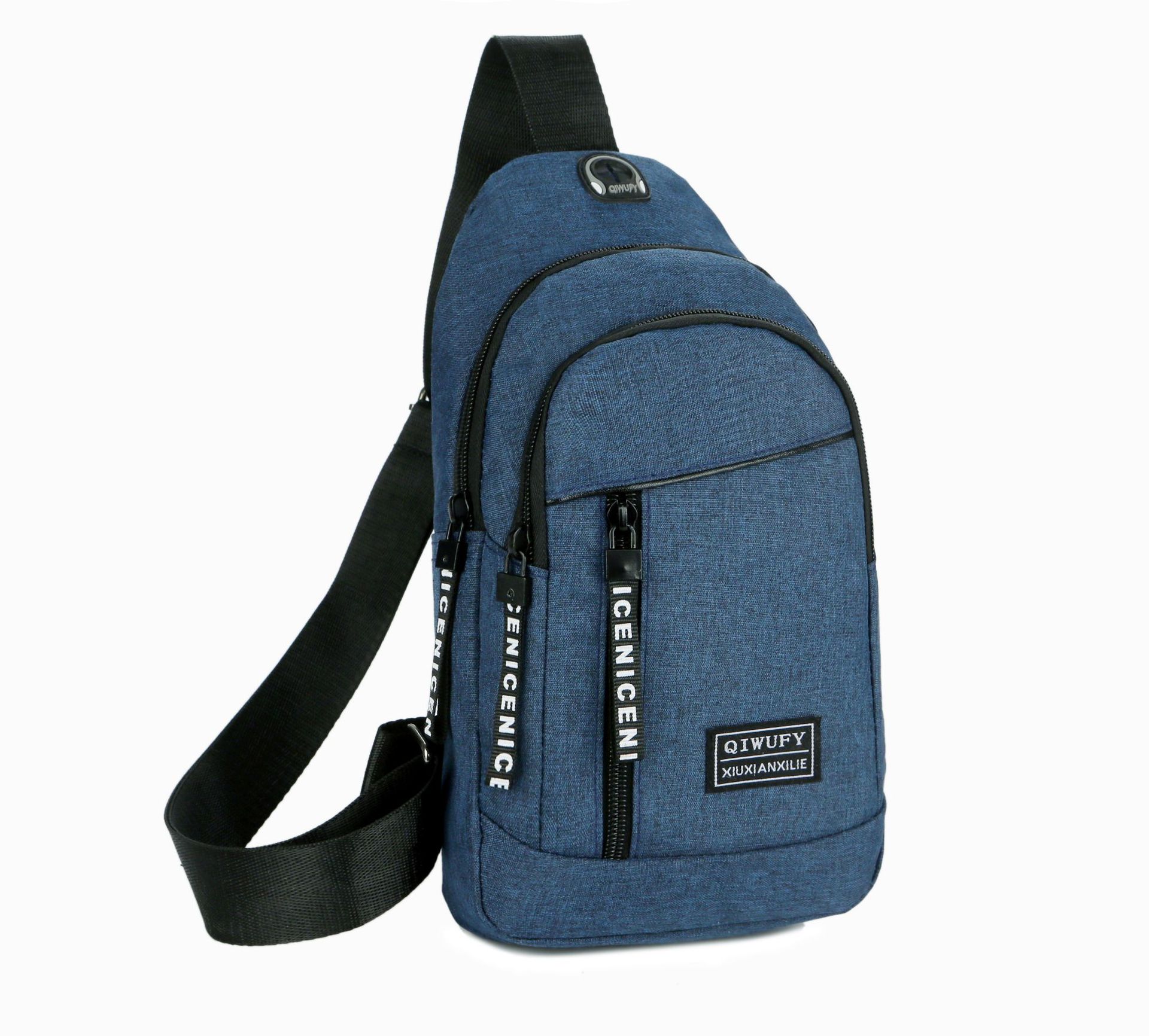 Brystveske herre messenger bag canvas skulder bag hodetelefon hull messenger bag skole kort reiseveske: 7505 blå