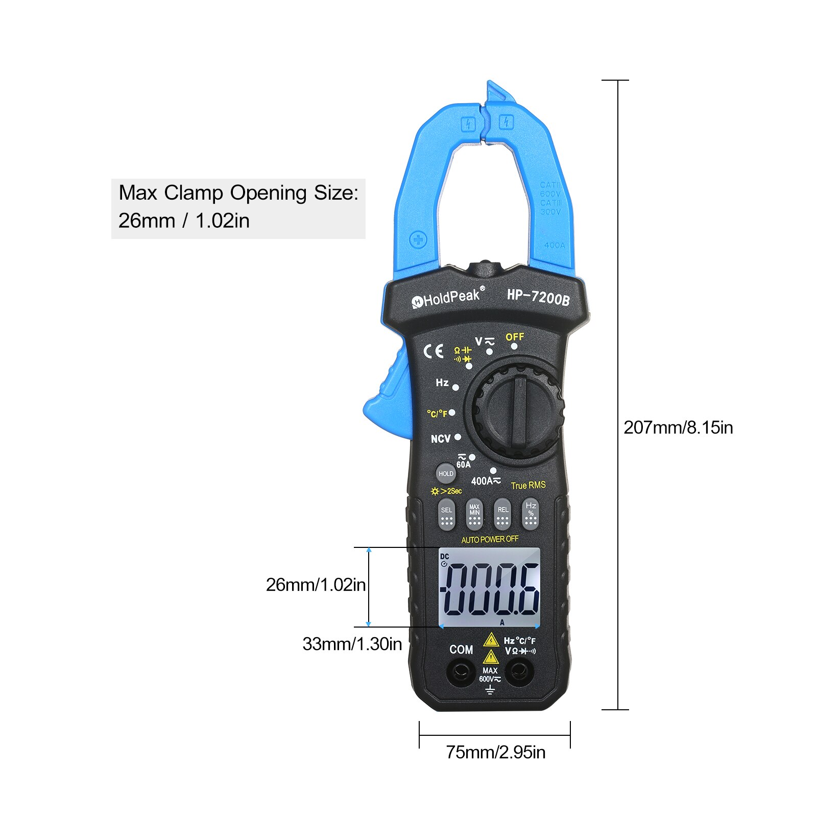 HP-7200 NCV Clamp Meter 6000 Counts Digital Multimeter TRMS Auto Range Volt Amp Ohm Meter Test Resistance Continuity Capacitance