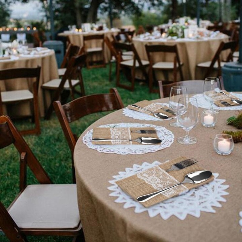 1pcs Jute Hessian Burlap Linen Lace Cutlery Holder Vintage Birthday Wedding Party Christmas Decorations Tableware Supplies 62447