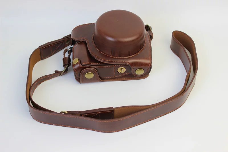 Funda de cuero de lujo para cámara Panasonic Lumix GF7 GF8 GF9 GF10, bolsa de cámara de 12-32mm, cuerpo con correa, de batería abierta: Coffee