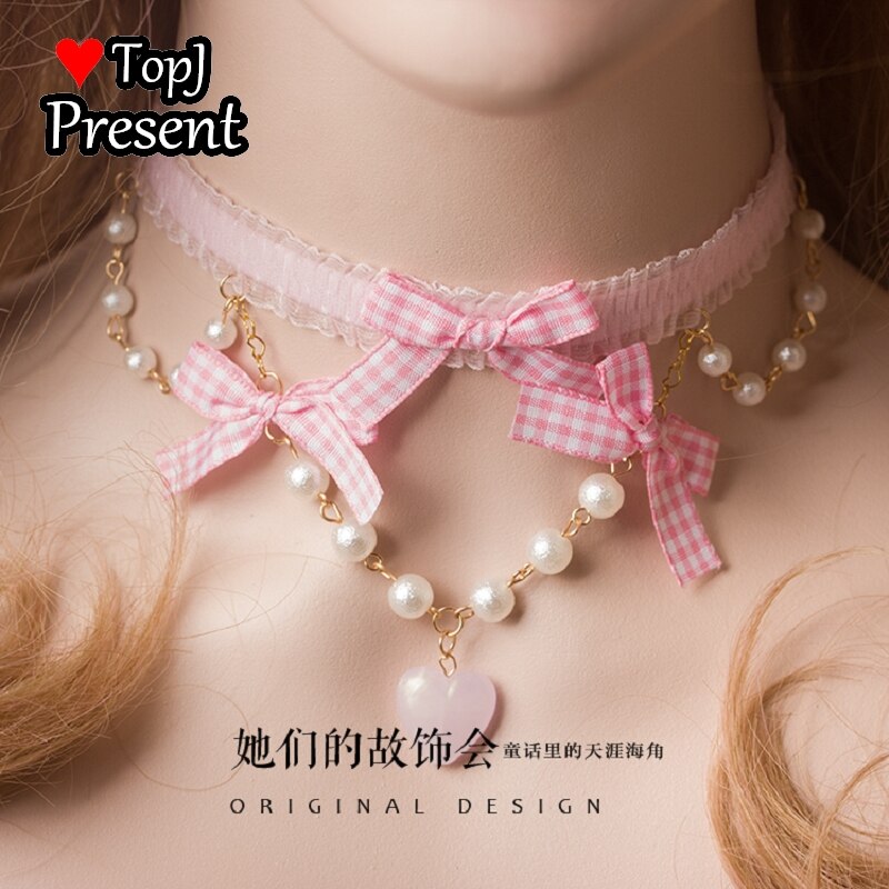 Conjunto rosa de collar corto, collar original hecho a mano, lazo de perla, corazón de niña suave, Gargantilla japonesa