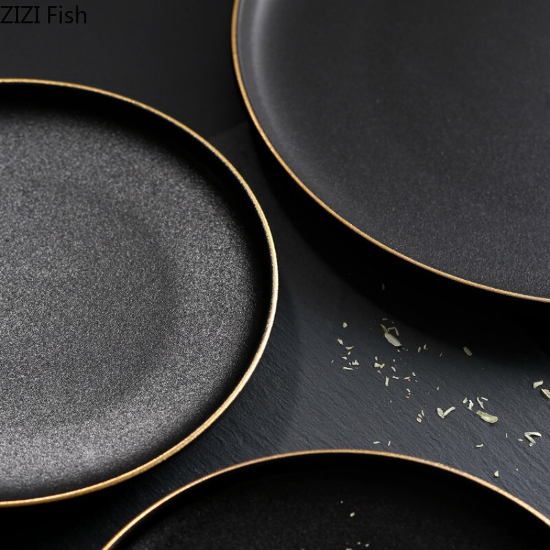 Guldkant rund keramisk tallerken fad sort porcelænsservice western-stil middagsretter og tallerkener salat bøf frugt tallerken