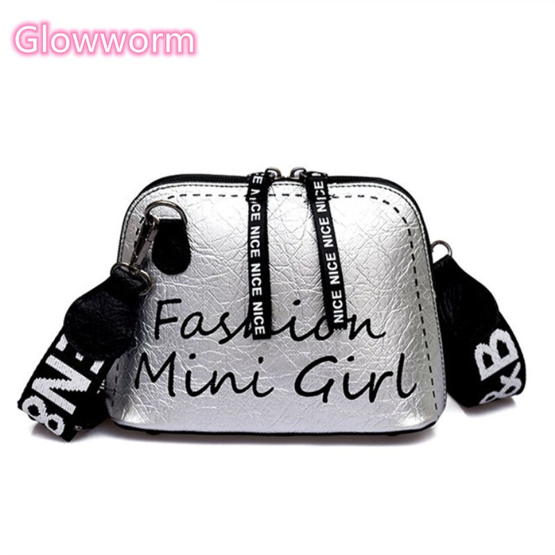 Trendy pu leather Women Crossbody Bag Shell shaped Bag Wide Shoulder Strap Bags Wild Messenger Bags Letter printing