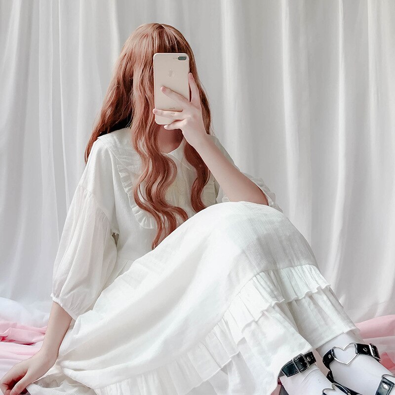 JSK Japan Style Lolita doll collar dress Vintage babydoll dress bishop sleeve Juicy pleated dress