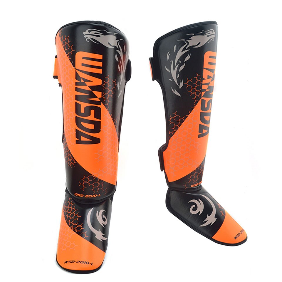 GOBYGO Ein Paar High PU Leder Boxen Shin Guards Knöchel Schutz MMA Muay Thai Training Bein Wärmer Treten shin Schutz: Black with orange / S--Height 135-165cm