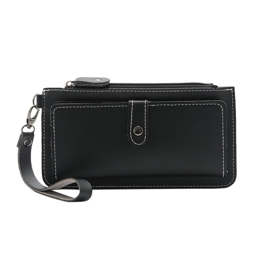 Portefeuille de couleur unie pour femmes, petit fourre-tout multifonctionnel pour téléphone portable, Long paragraphe, pochette quatre couleurs # P30: Black