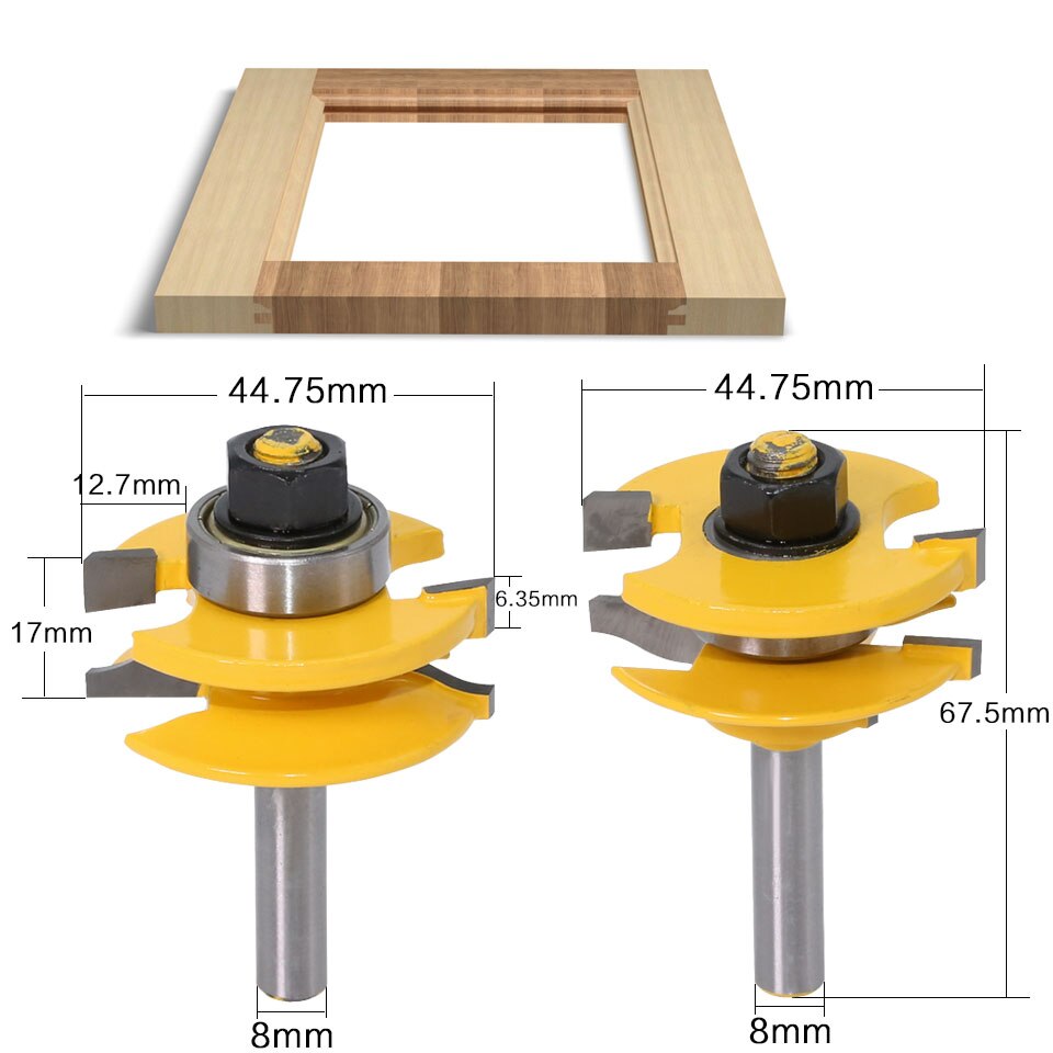 3PC 8mm Shank Raised Panel Cabinet Door Router Bit Set - 3 Bit Ogee Woodworking cutter woodworking router bits: 2PCS