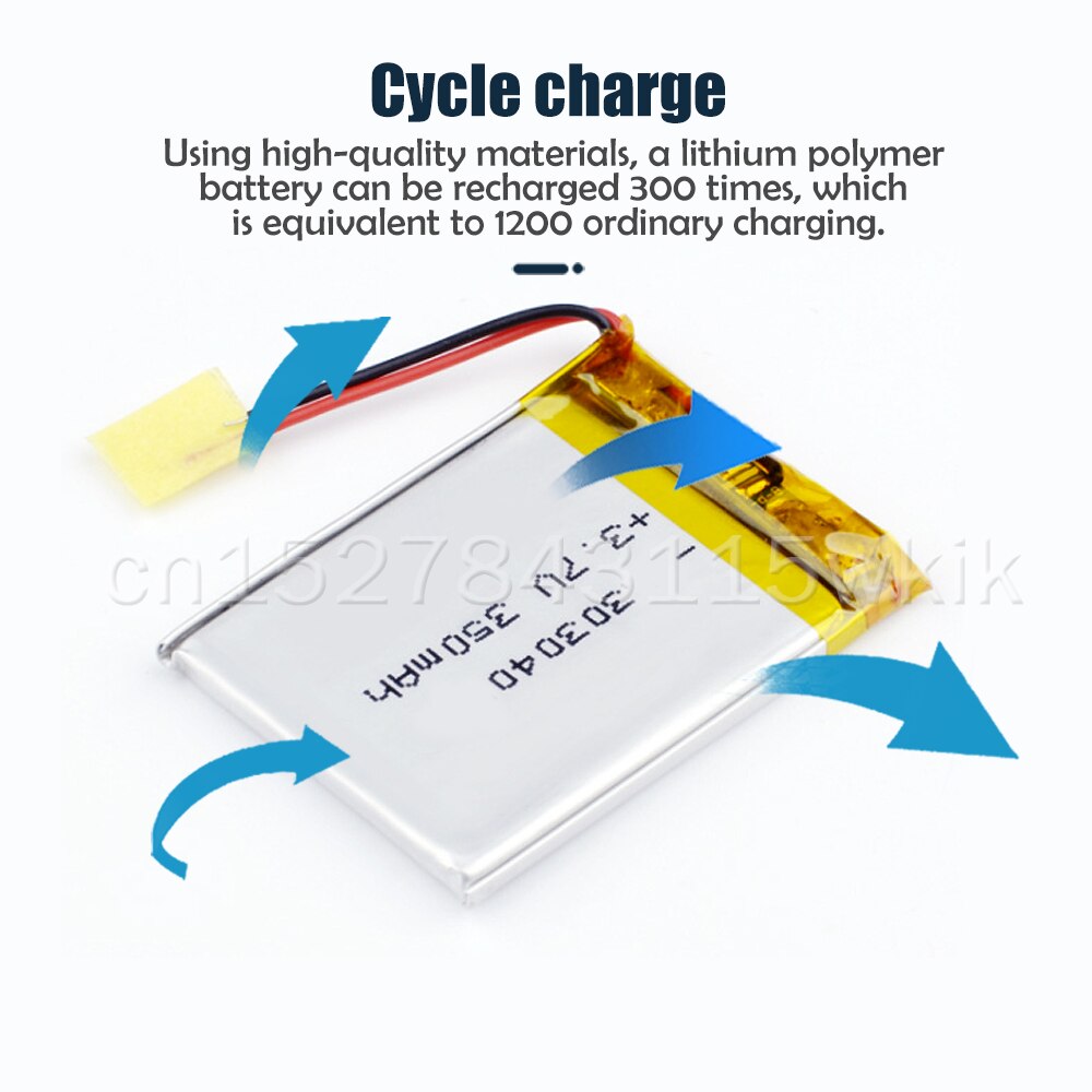 Batería recargable de polímero de litio para auriculares, 303040, 033040, 3,7 V, 350mAh, MP4, LED, Bluetooth, bolígrafo de lectura, podómetro, celda de iones de litio