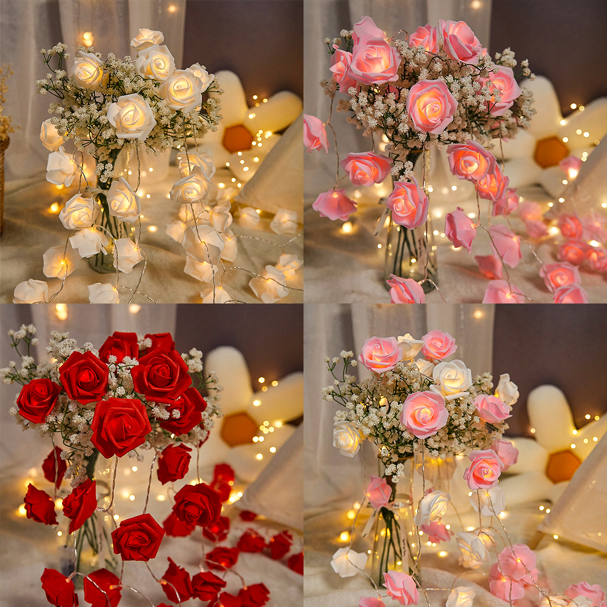 Guirnalda de luces LED con forma de rosa de 2m y 10LED, decoración de boda y cumpleaños, del Día de San Valentín, decoración de árbol de Navidad para el hogar y al aire libre