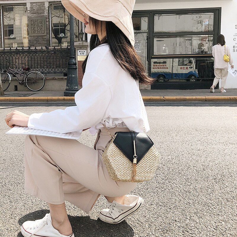 4 stilarter sekskant halm + pu læder håndtasker kvinderrattan taske håndlavet vævet by jogging taske