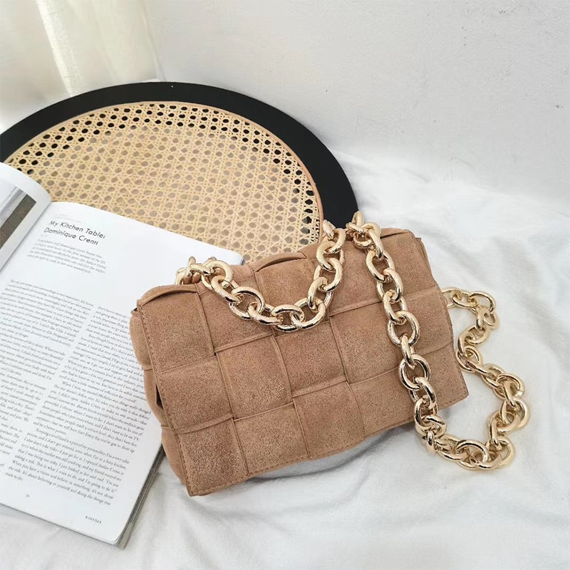 Thick Metal Chain Frosted Suede Shoulder Bag Women Woven Soft Square Crossbody Bags Female Purse