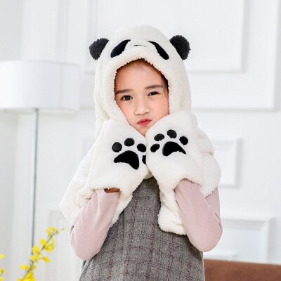3 in 1 functies dier cartoon koraal fleece sjaal winter mooie panda muts met handschoenen voor kinderen volwassenen kerst: Kinderen wit