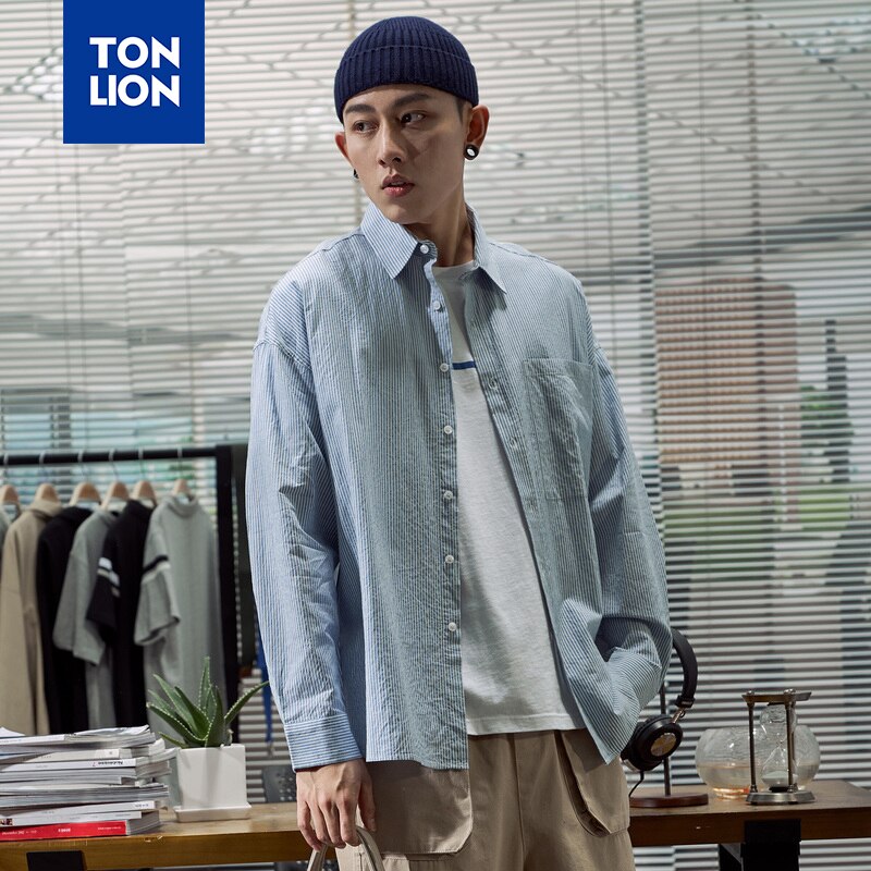 TONLION, camisa a rayas de primavera para hombre, camisas de manga larga de Color claro para hombre, blusa de vestir de estilo japonés Simple a rayas para hombre, novedad de
