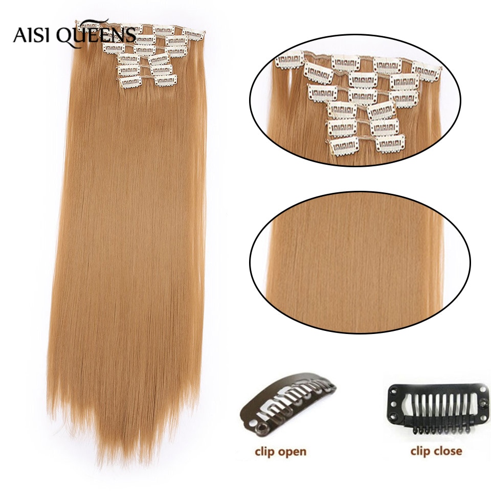 AISI QUEENS Clips In Hair Extension Long Straight Hair Clips for Women 8pcs/set Synthetic 16 Clips In Hair Extensions