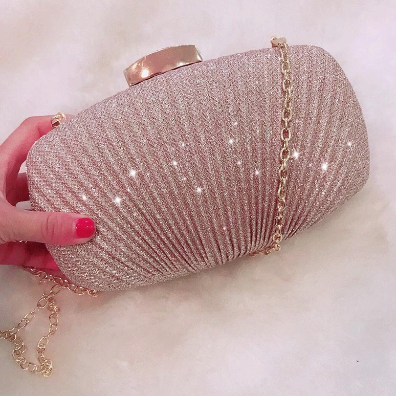 Women Ruched Clutch Evening Bag Ladies Party Wedding Bride Wallet Day Clutch Makeup Bags Crossbody Bag: Champagne Big