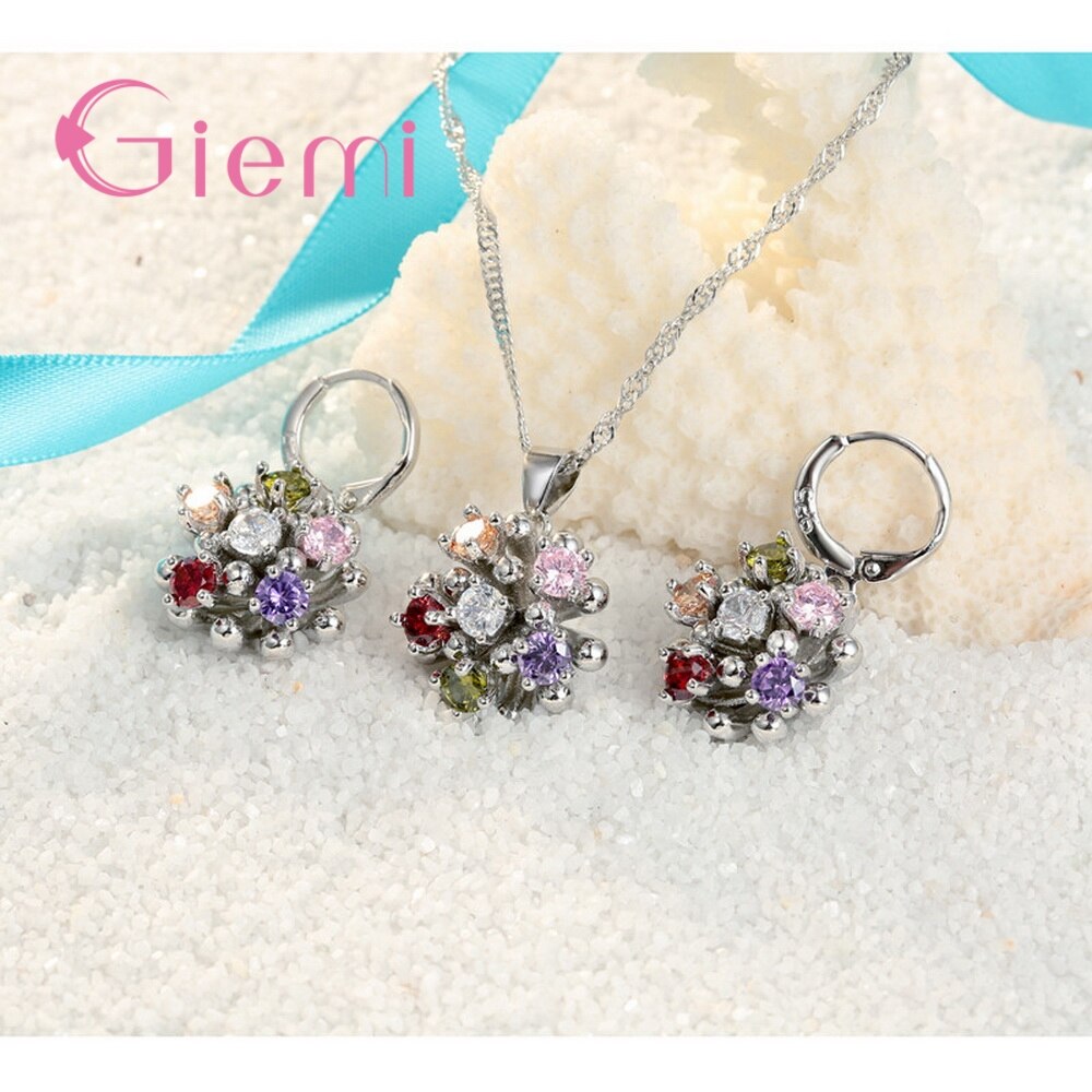 Kleurrijke Cz Zirconia Crystal Bloem Hanger Ketting Oorringen Set 925 Sterling Zilveren Sieraden Set