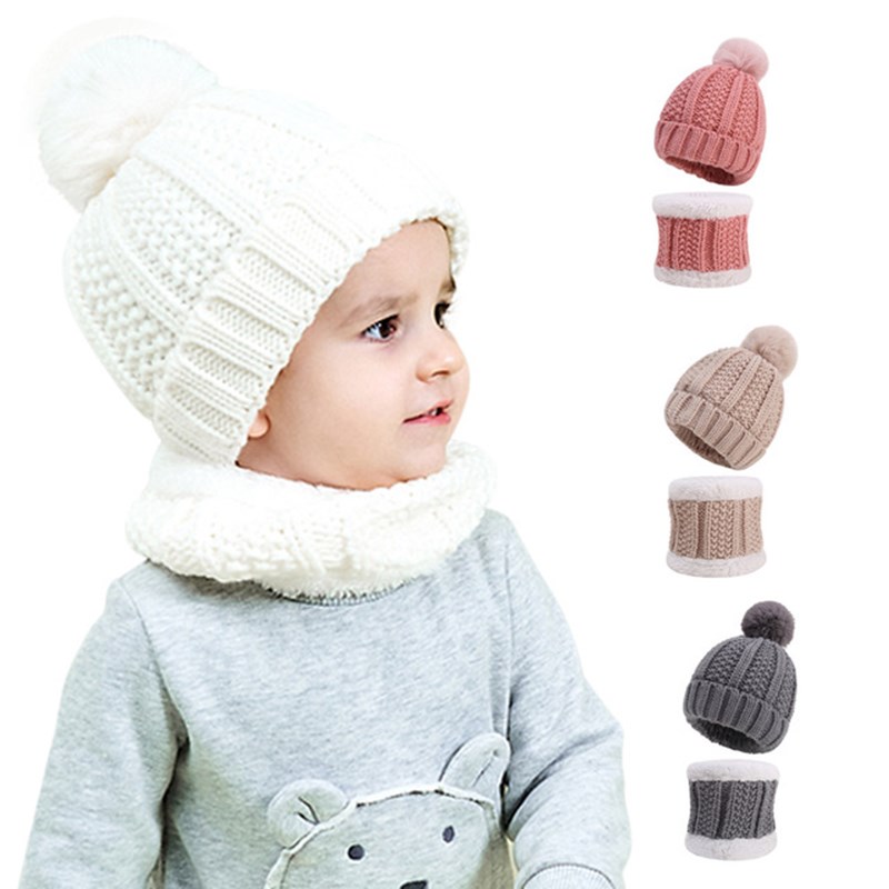 Conjunto de gorro infantil com 2 peças, gorro de pelúcia para bebês meninos e meninas quente