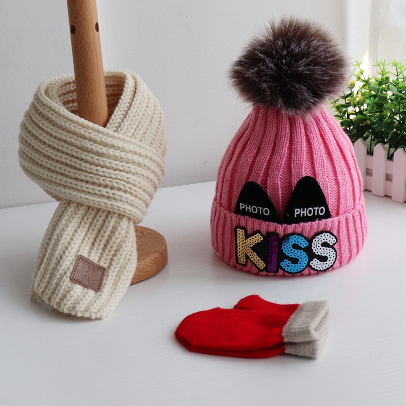 Conjunto de tres piezas de guantes para sombrero y bufanda para niños y niñas, en otoño e invierno, precioso gorro de lana tejido y bufandas cálidas: pink white