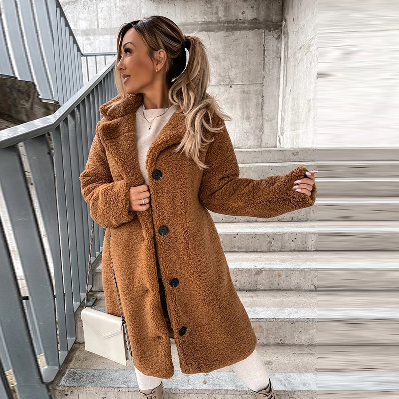 Chaqueta de borreguito para mujer, abrigo de manga larga con cuello vuelto y botonadura única, prendas de vestir de lana esponjosa para invierno, 2024: M / Naranja