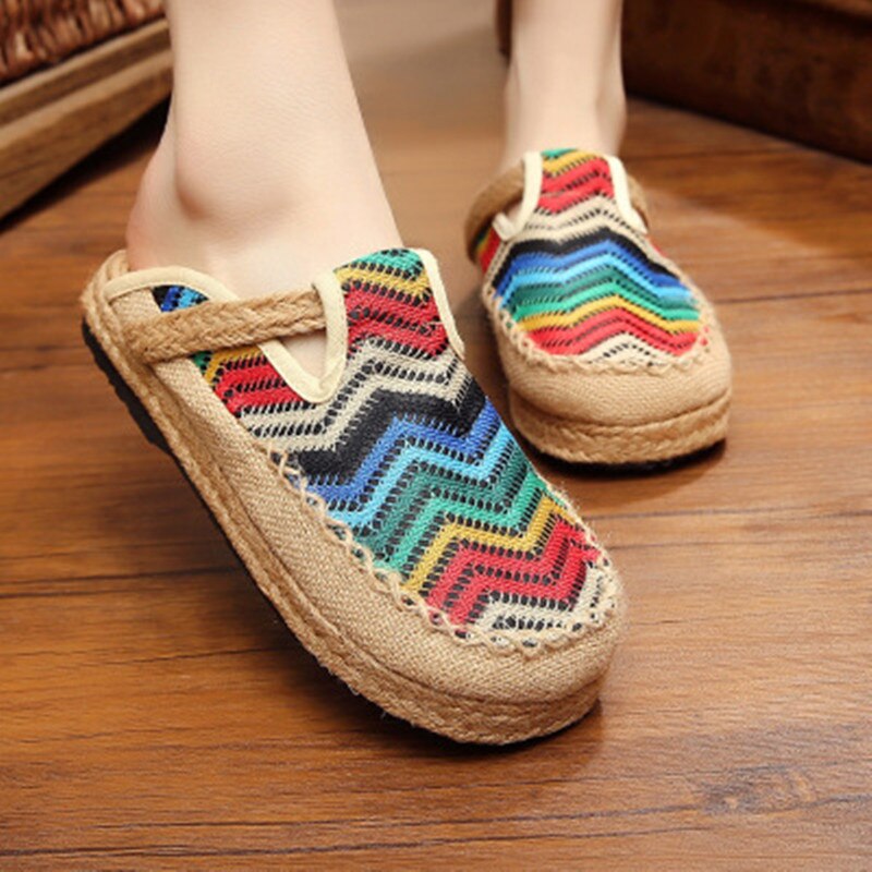 Kvinnor skor tofflor färgglad nationell stil hampa väv vår sommar rund tå flip flop platt plattform loafer