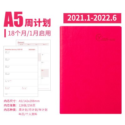 A5 5.5x8.3inch Soft Leather Agenda .1-2022.6 18 Months Planner Notebook Daily Weekly Monthly Plan Diary Journal Notebook: Rose Red