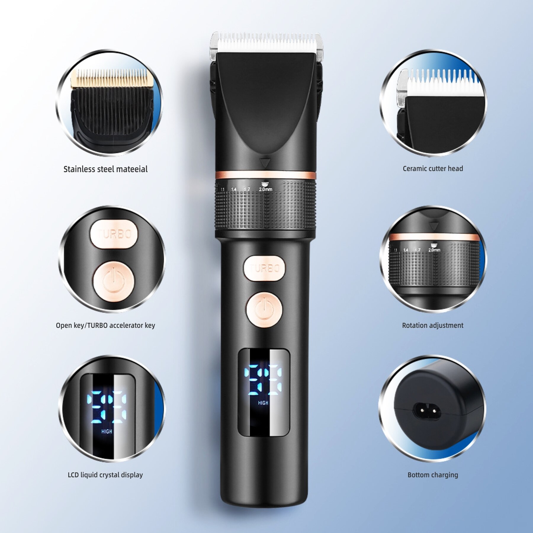 Rechargeable men's electric barber shop, barber shop with titanium ceramic blade and LCD