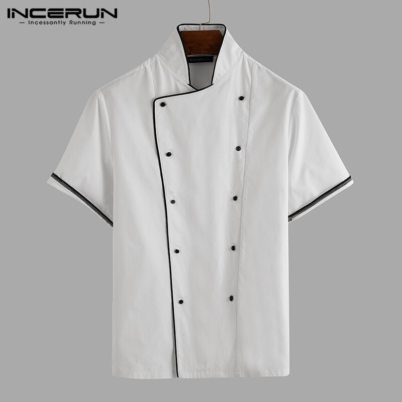 Incerun unisex kock uniform kortärmad dubbelknäppt arbetsjacka ståkrage matservering catering kök servitör toppar 5xl: Vit / 5xl