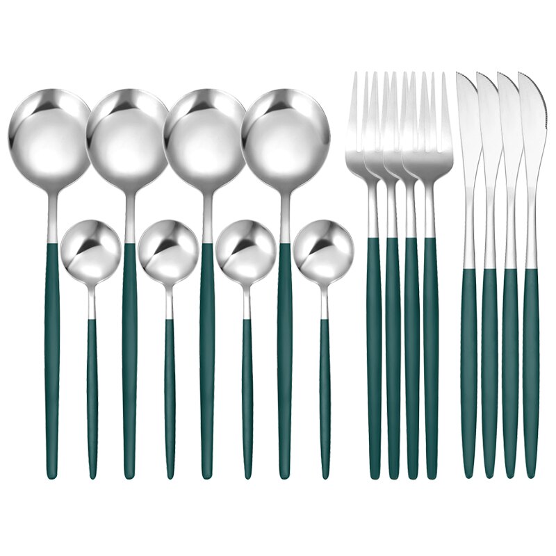 16Pcs/Set White Gold Cutlery Set Knives Forks Tea Spoon Dinnerware Flatware Stainless Steel Silverware Kitchen Tableware Set: 16 Pcs Green Silver