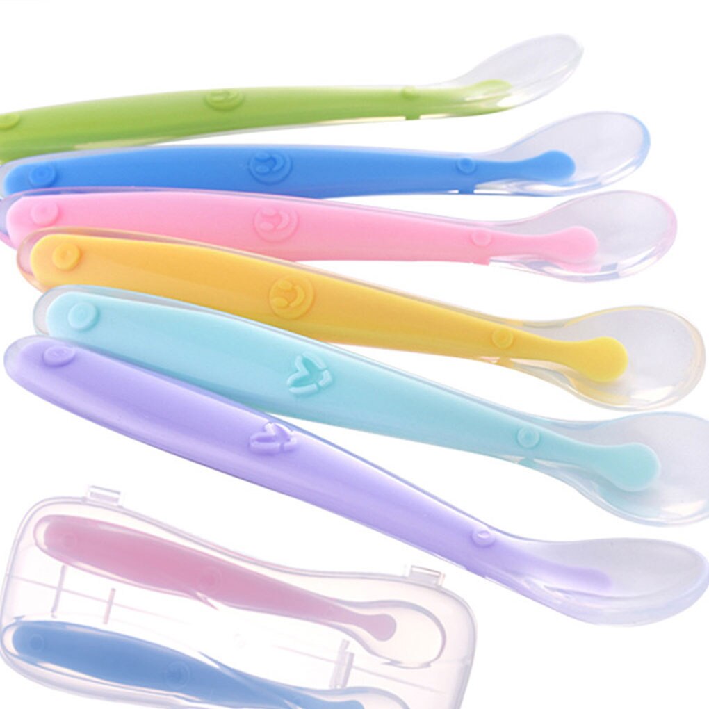 Cuillère en Silicone souple pour bébé, couleur bonbon, détection de la température, nourriture pour bébé, plats d&#39;alimentation, appareil d&#39;alimentation