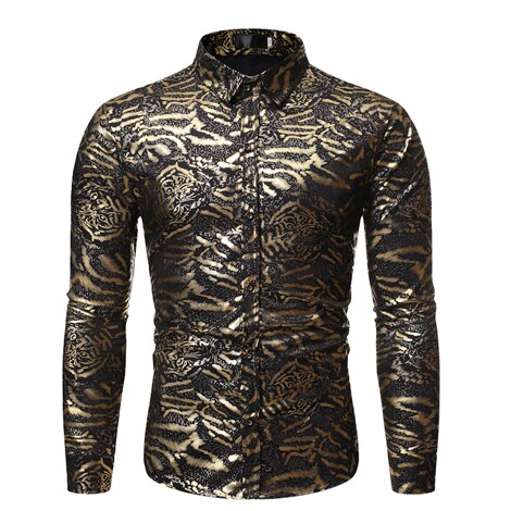 Luxe or tigre bronzant robe Chemise hommes à manches longues boîte de nuit parti brillant Chemise décontracté Chemise boutonnée: Black / US Size M