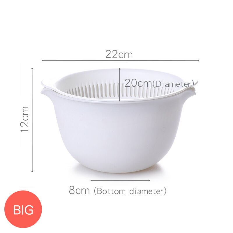 Drainage storage basket Kitchen storage basin Wash vegetable fruit box Double layer Wash basin Drain Desktop fruit basket Plain: Large White