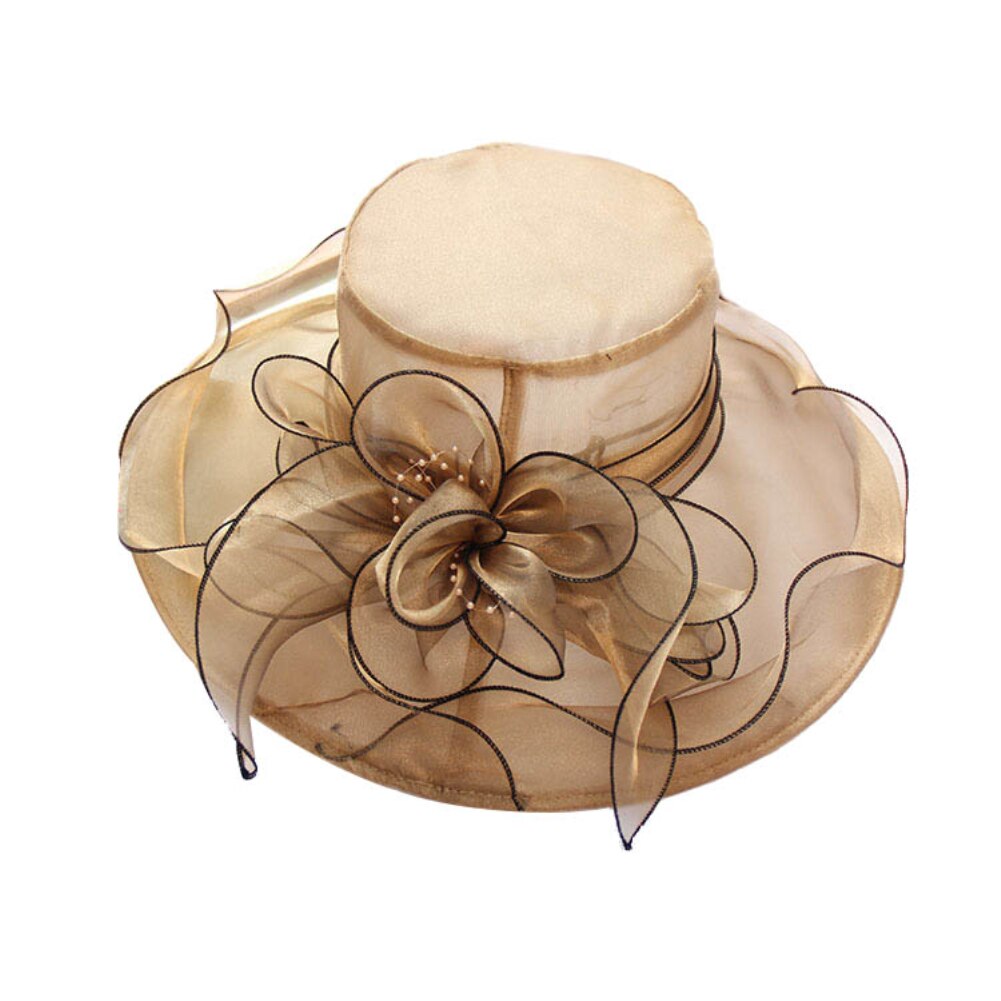 Sombreros elegantes de iglesia para mujer, gorros de fieltro de hilo de red Floral grande para mujer, sombreros de Sol de ala ancha de verano, gorros de fedora vintage: Coffee B
