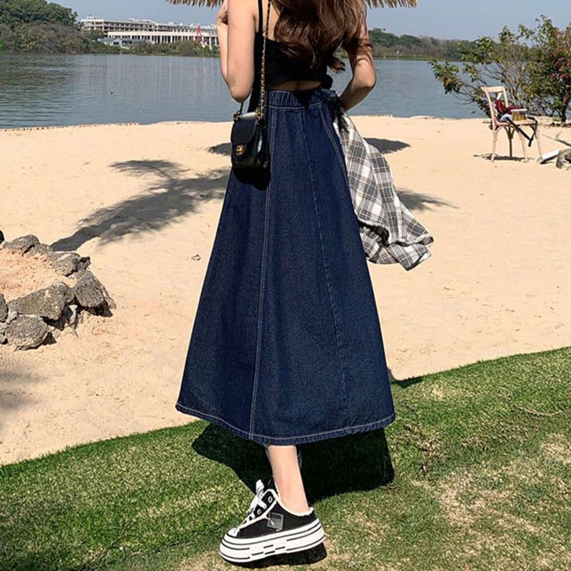 Lucyever koreansk stil højtaljede lange nederdele til kvinder sommer tynd a-linje denim nederdel kvinder all-match midi nederdele