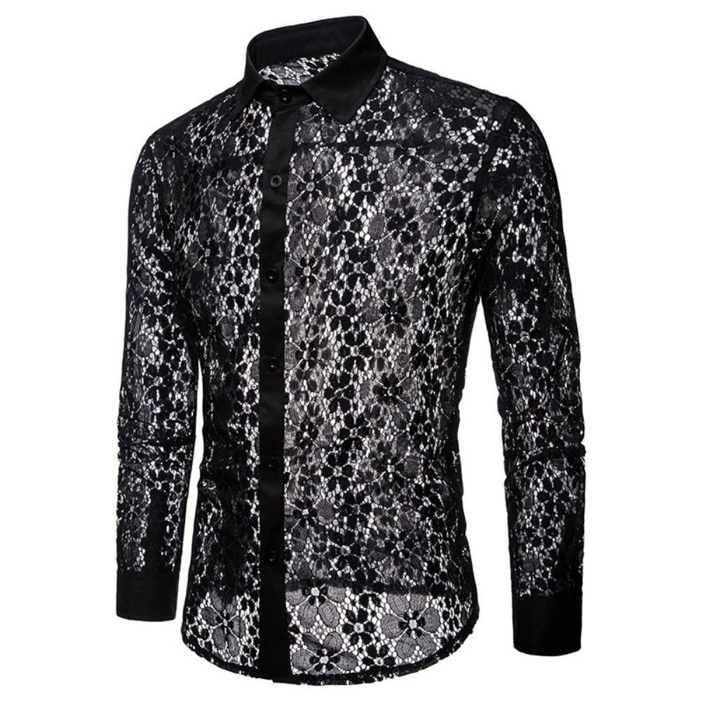 Men Sexy Shirts Long Sleeve Solid Color Lace Mesh See Through Clubwear Buttons Down Shirt Slim Party Transparent Shirt Tops