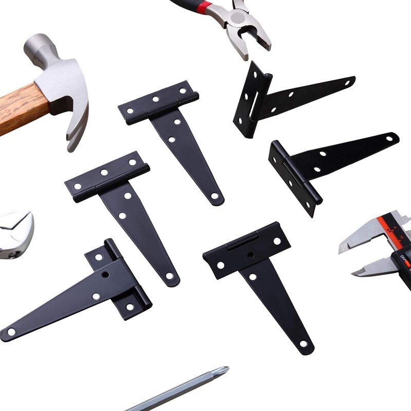 6 PCS 4 Inch T-Strap Hinges Rustic Gate Strap Hinge Rustproof Gate Door Black Hinges for Windows, Fence and Barn Gates