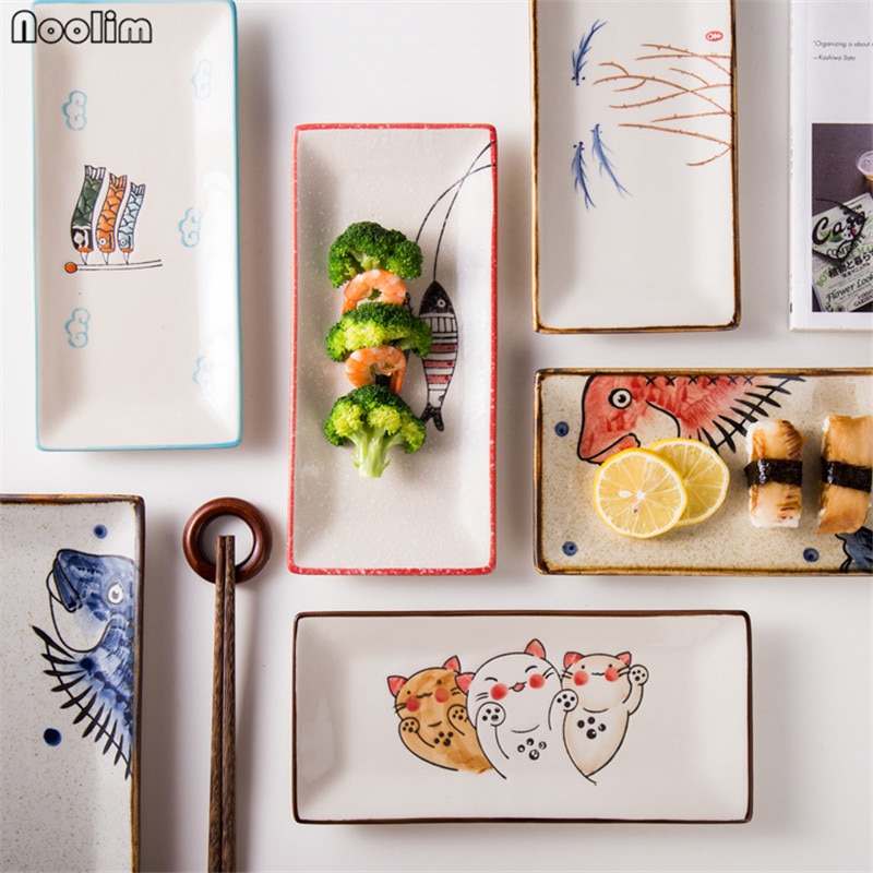 NOOLIM Japanischen Stil Keramik Platte Sushi Platte Kreative Persönlichkeit Rechteckigen Hand Gemalt Katze Platte Haushalt Geschirr