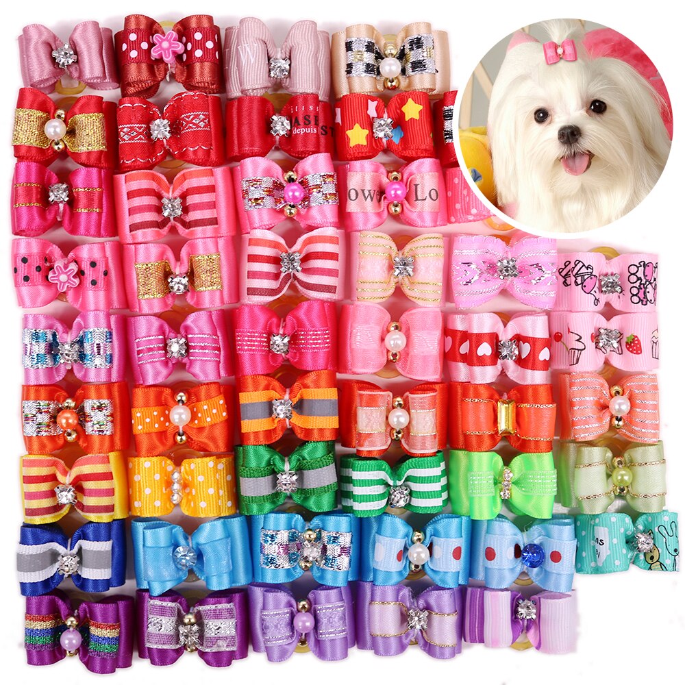 100Pcs Kleine Puppy Hond Kat Haarelastiekjes Met Strass Gemengde Patronen Hond Grooming Accessoires Voor Kleine Honden huisdier Producten