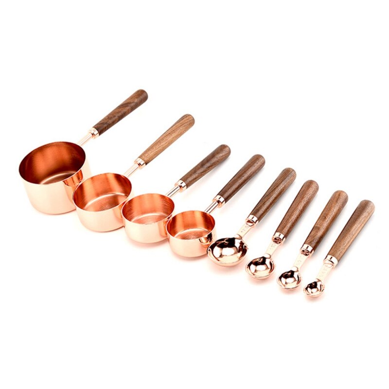 4 stk/sæt rose guld køkken bagning målebægre rustfrit stål måleske scoop sæt træhåndtag køkken måleværktøj