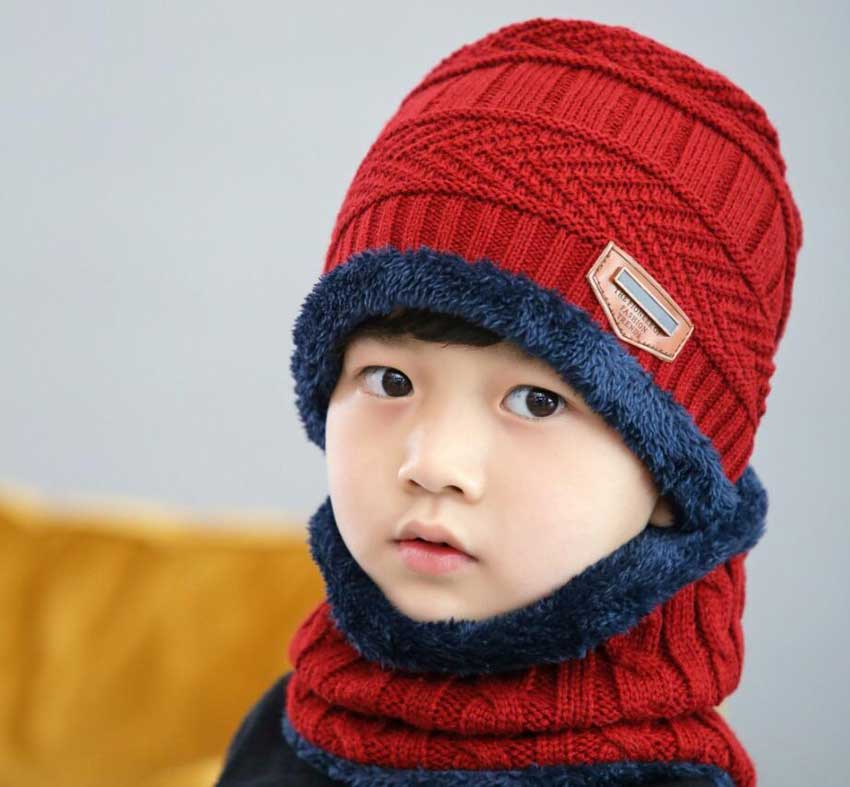 Kinderen winter gebreide muts en sjaal handschoenen set jongen meisjes warme pluche muts 3- delige sets kind outdoor skimuts sjaals effen: Rode set van 2 stuks