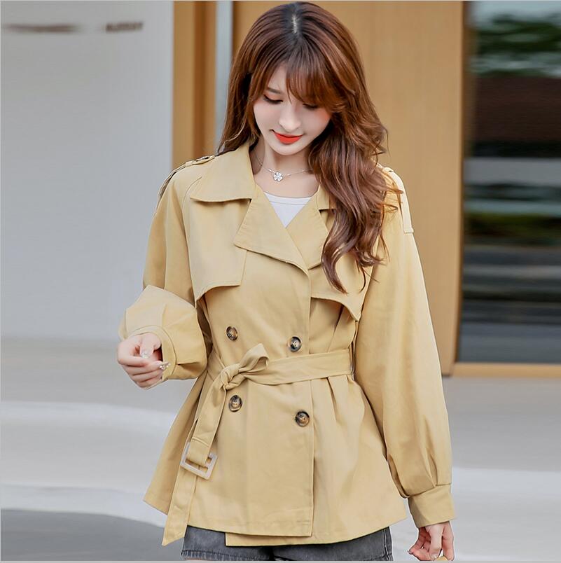 Kvinder trenchcoat khaki kort afslappet koreansk tidligt efterår stil lille vindjakke talje bælte outwear jakke frakke kvinder: Khaki / Xl