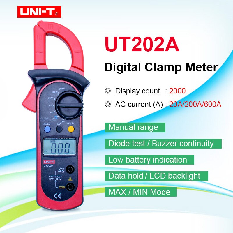 UNI-T UT202A Resistance DC AC Voltage Measuring Tool LCD Digital Clamp Multimeter Voltage Current Resistance Frequency Diode