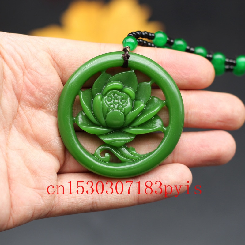 Natural Green Jade Flower Pendant Necklace Chinese Double-sided Hollow Carved Charm Jewelry Amulet for Men Women