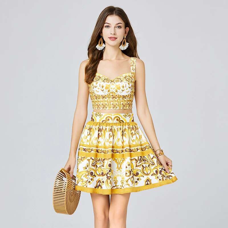 Runway Summer Golden Yellow Floral Two Piece Women Skirts Sets Sexy Crop Tops Corset Mini Short Skirts Suits