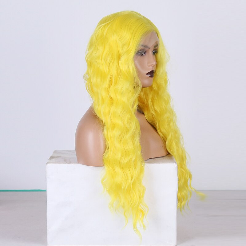 RONGDUOYI Yellow Hair Deep Wave Lace Wig Long Fiber Synthetic Lace Front Wigs for Women Heat Resistant Hair Cosplay Wig
