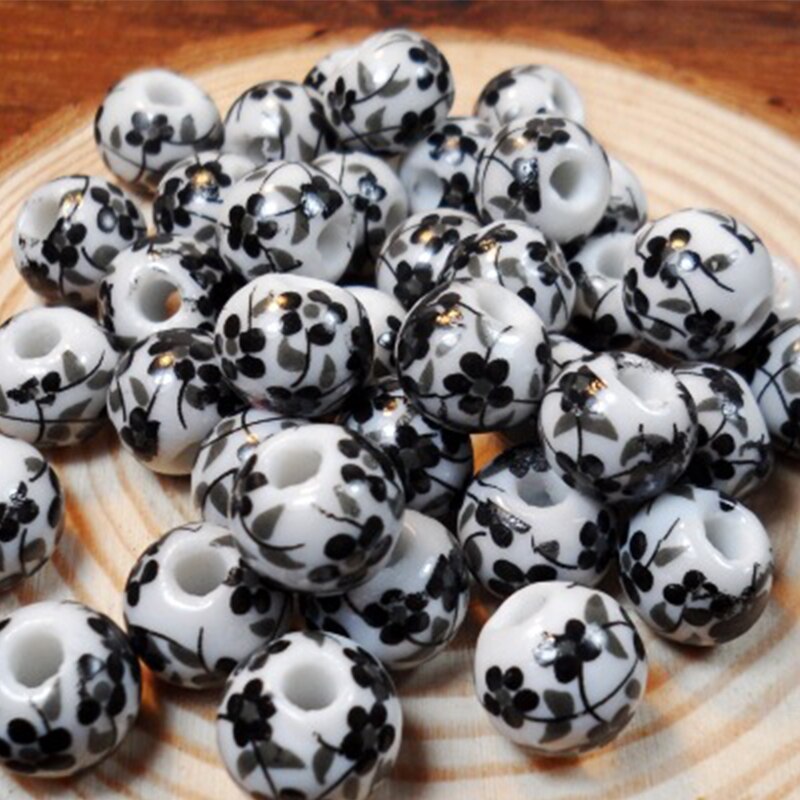 50Pcs 10mm Jingdezhen Big Hole Ceramic Beads Flower Porcelain Beads Handmade For Bracelet Making DIY Jewelry Making